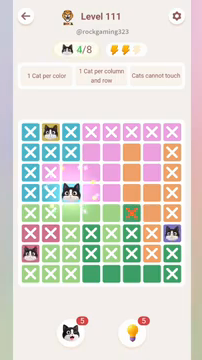 Meowdoku Level 111 step 4 screenshot showing the cat placement at C4 with 4 of 8 cats visible on the board.