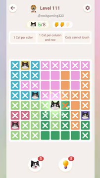 Meowdoku Level 111 step 5 screenshot showing the cat placement at E5 with 5 of 8 cats visible on the board.