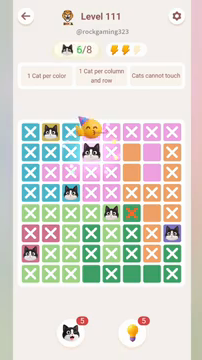 Meowdoku Level 111 step 6 screenshot showing the cat placement at D2 with 6 of 8 cats visible on the board.