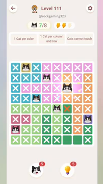 Meowdoku Level 111 step 7 screenshot showing the cat placement at F3 with 7 of 8 cats visible on the board.