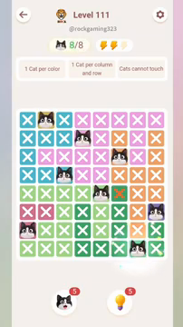 Meowdoku Level 111 step 8 screenshot showing the cat placement at G8 with 8 of 8 cats visible on the board.