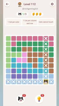 Meowdoku Level 112 step 1 screenshot showing the cat placement at H9 with 1 of 9 cats visible on the board.
