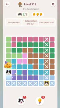 Meowdoku Level 112 step 2 screenshot showing the cat placement at A7 with 2 of 9 cats visible on the board.