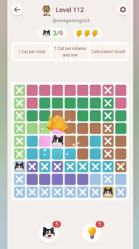 Meowdoku Level 112 step 3 screenshot showing the cat placement at D5 with 3 of 9 cats visible on the board.