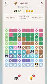Meowdoku Level 112 step 4 screenshot showing the cat placement at G6 with 4 of 9 cats visible on the board.