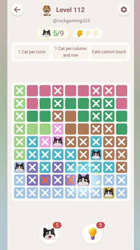 Meowdoku Level 112 step 5 screenshot showing the cat placement at F8 with 5 of 9 cats visible on the board.