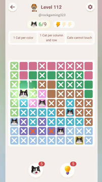Meowdoku Level 112 step 6 screenshot showing the cat placement at B4 with 6 of 9 cats visible on the board.