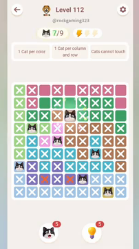 Meowdoku Level 112 step 7 screenshot showing the cat placement at E3 with 7 of 9 cats visible on the board.