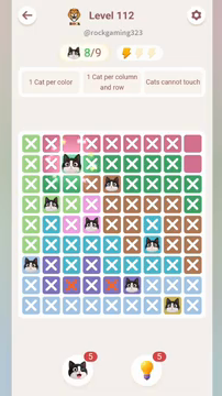 Meowdoku Level 112 step 8 screenshot showing the cat placement at C2 with 8 of 9 cats visible on the board.