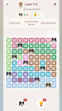 Meowdoku Level 112 step 9 screenshot showing the cat placement at I1 with 9 of 9 cats visible on the board.
