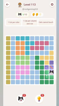 Meowdoku Level 113 step 1 screenshot showing the cat placement at J8 with 1 of 10 cats visible on the board.
