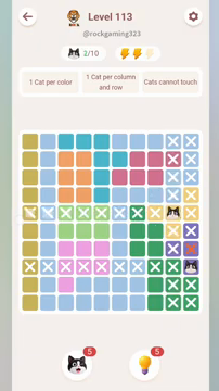 Meowdoku Level 113 step 2 screenshot showing the cat placement at I5 with 2 of 10 cats visible on the board.