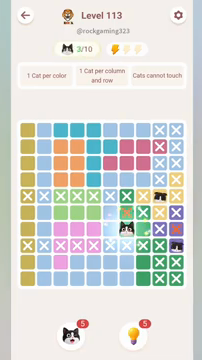 Meowdoku Level 113 step 3 screenshot showing the cat placement at G7 with 3 of 10 cats visible on the board.