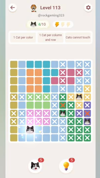 Meowdoku Level 113 step 4 screenshot showing the cat placement at C9 with 4 of 10 cats visible on the board.