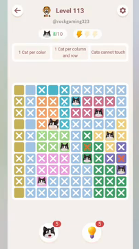 Meowdoku Level 113 step 8 screenshot showing the cat placement at D4 with 8 of 10 cats visible on the board.