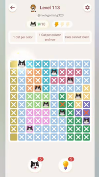 Meowdoku Level 113 step 9 screenshot showing the cat placement at B1 with 9 of 10 cats visible on the board.