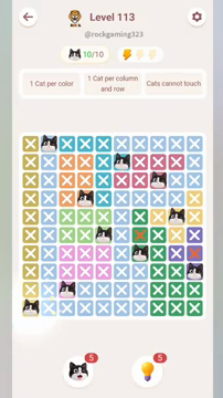 Meowdoku Level 113 step 10 screenshot showing the cat placement at A10 with 10 of 10 cats visible on the board.