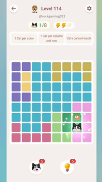 Meowdoku Level 114 step 1 screenshot showing the cat placement at G7 with 1 of 8 cats visible on the board.