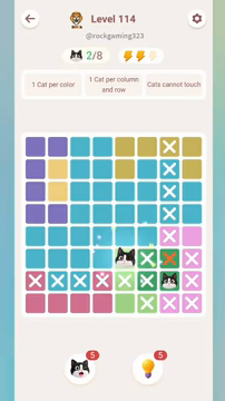Meowdoku Level 114 step 2 screenshot showing the cat placement at E6 with 2 of 8 cats visible on the board.