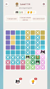 Meowdoku Level 114 step 3 screenshot showing the cat placement at H5 with 3 of 8 cats visible on the board.