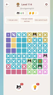 Meowdoku Level 114 step 4 screenshot showing the cat placement at F1 with 4 of 8 cats visible on the board.