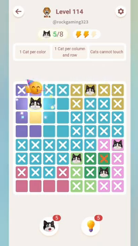 Meowdoku Level 114 step 5 screenshot showing the cat placement at B2 with 5 of 8 cats visible on the board.