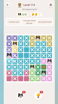 Meowdoku Level 114 step 6 screenshot showing the cat placement at A4 with 6 of 8 cats visible on the board.