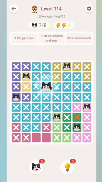 Meowdoku Level 114 step 7 screenshot showing the cat placement at D3 with 7 of 8 cats visible on the board.