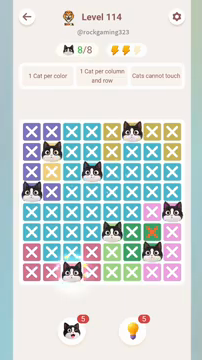 Meowdoku Level 114 step 8 screenshot showing the cat placement at C8 with 8 of 8 cats visible on the board.