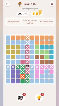 Meowdoku Level 115 step 1 screenshot showing the cat placement at E7 with 1 of 10 cats visible on the board.