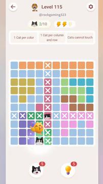 Meowdoku Level 115 step 2 screenshot showing the cat placement at D10 with 2 of 10 cats visible on the board.