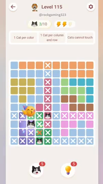 Meowdoku Level 115 step 3 screenshot showing the cat placement at C8 with 3 of 10 cats visible on the board.