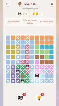 Meowdoku Level 115 step 4 screenshot showing the cat placement at G9 with 4 of 10 cats visible on the board.