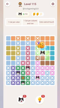 Meowdoku Level 115 step 5 screenshot showing the cat placement at H4 with 5 of 10 cats visible on the board.