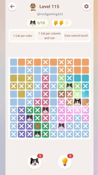 Meowdoku Level 115 step 6 screenshot showing the cat placement at I6 with 6 of 10 cats visible on the board.