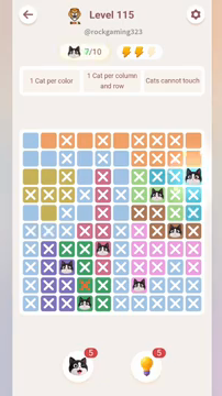 Meowdoku Level 115 step 7 screenshot showing the cat placement at J3 with 7 of 10 cats visible on the board.