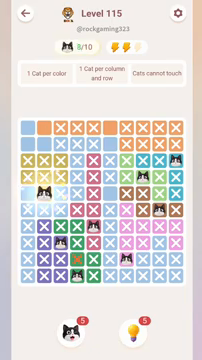 Meowdoku Level 115 step 8 screenshot showing the cat placement at B5 with 8 of 10 cats visible on the board.