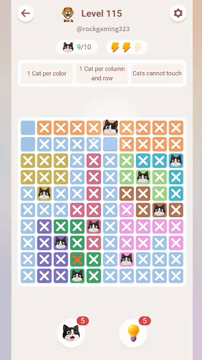 Meowdoku Level 115 step 9 screenshot showing the cat placement at F1 with 9 of 10 cats visible on the board.
