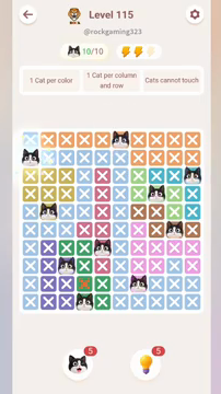 Meowdoku Level 115 step 10 screenshot showing the cat placement at A2 with 10 of 10 cats visible on the board.