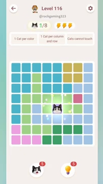 Meowdoku Level 116 step 1 screenshot showing the cat placement at E5 with 1 of 8 cats visible on the board.