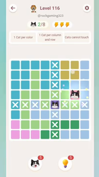 Meowdoku Level 116 step 2 screenshot showing the cat placement at G4 with 2 of 8 cats visible on the board.