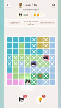 Meowdoku Level 116 step 3 screenshot showing the cat placement at D8 with 3 of 8 cats visible on the board.