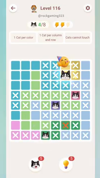 Meowdoku Level 116 step 4 screenshot showing the cat placement at F2 with 4 of 8 cats visible on the board.