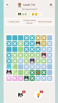 Meowdoku Level 116 step 5 screenshot showing the cat placement at A7 with 5 of 8 cats visible on the board.