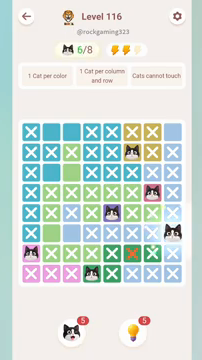 Meowdoku Level 116 step 6 screenshot showing the cat placement at H6 with 6 of 8 cats visible on the board.