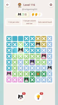 Meowdoku Level 116 step 7 screenshot showing the cat placement at C3 with 7 of 8 cats visible on the board.