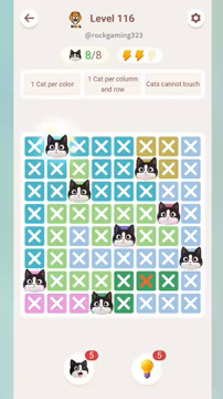 Meowdoku Level 116 step 8 screenshot showing the cat placement at B1 with 8 of 8 cats visible on the board.