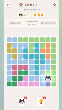 Meowdoku Level 117 step 1 screenshot showing the cat placement at H8 with 1 of 9 cats visible on the board.
