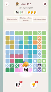 Meowdoku Level 117 step 2 screenshot showing the cat placement at E9 with 2 of 9 cats visible on the board.