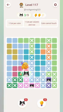 Meowdoku Level 117 step 3 screenshot showing the cat placement at D7 with 3 of 9 cats visible on the board.